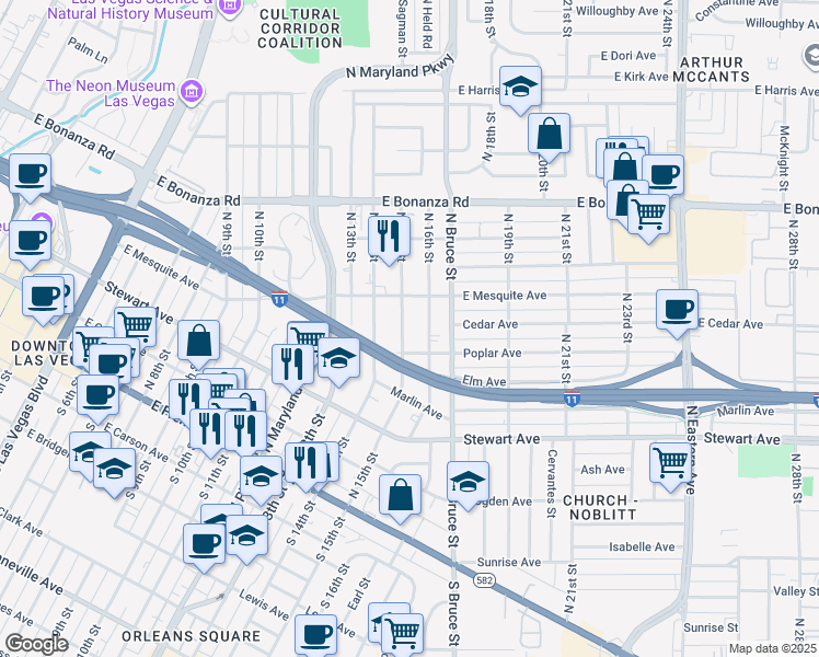 map of restaurants, bars, coffee shops, grocery stores, and more near 365 North 16th Street in Las Vegas