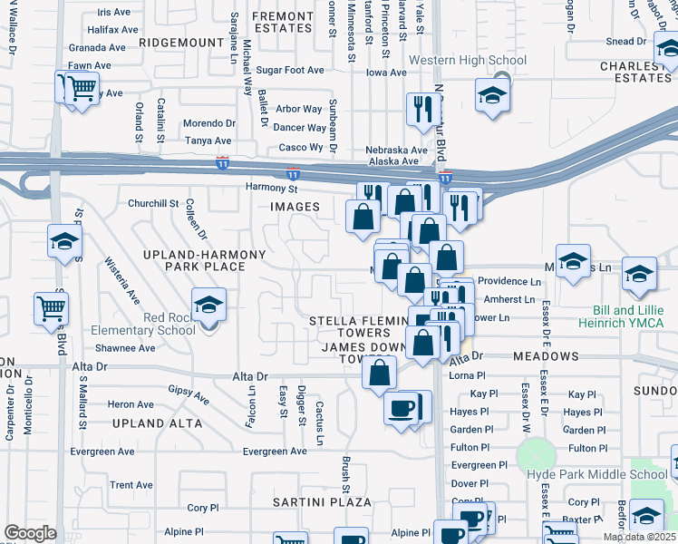 map of restaurants, bars, coffee shops, grocery stores, and more near 5201 Meadows Lane in Las Vegas