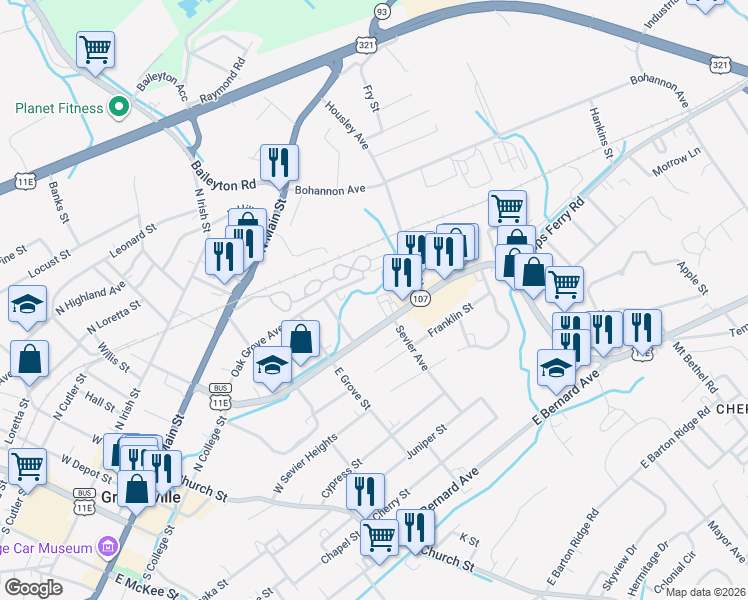 map of restaurants, bars, coffee shops, grocery stores, and more near 509 Tusculum Blvd in Greeneville