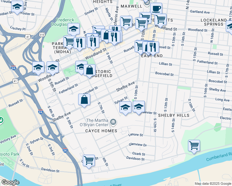 map of restaurants, bars, coffee shops, grocery stores, and more near 801 Sylvan Street in Nashville