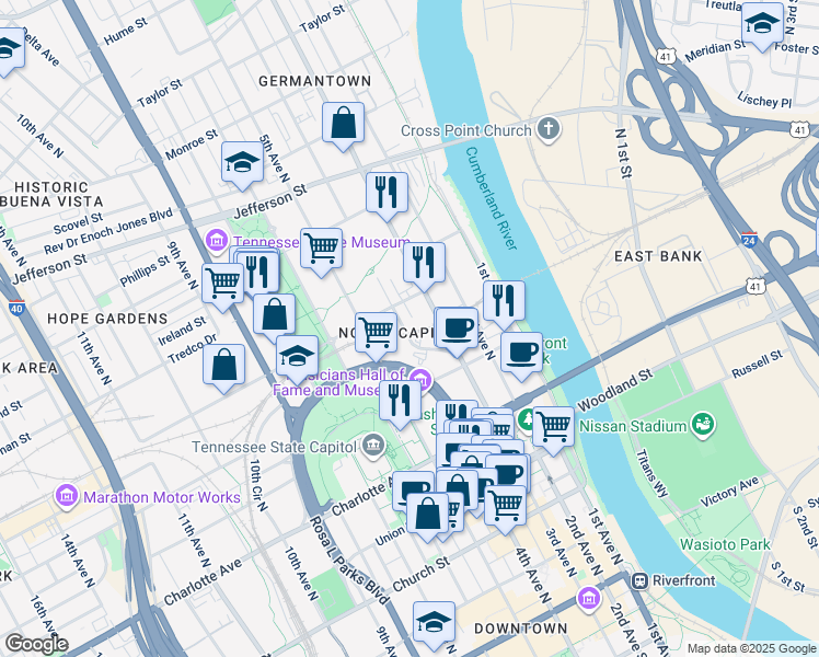 map of restaurants, bars, coffee shops, grocery stores, and more near in Nashville