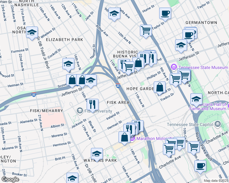 map of restaurants, bars, coffee shops, grocery stores, and more near 1213 Phillips Street in Nashville
