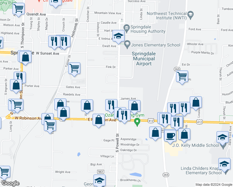 map of restaurants, bars, coffee shops, grocery stores, and more near 1706 South Powell Street in Springdale
