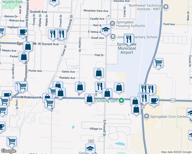 map of restaurants, bars, coffee shops, grocery stores, and more near 1315 Crutcher Street in Springdale
