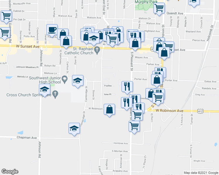 map of restaurants, bars, coffee shops, grocery stores, and more near 1570 Ione Place in Springdale