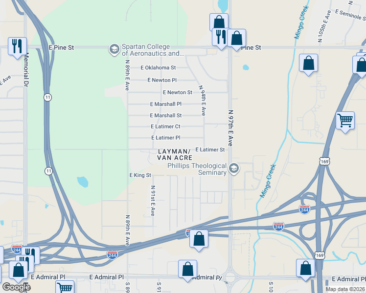 map of restaurants, bars, coffee shops, grocery stores, and more near 9171 East Latimer Street in Tulsa