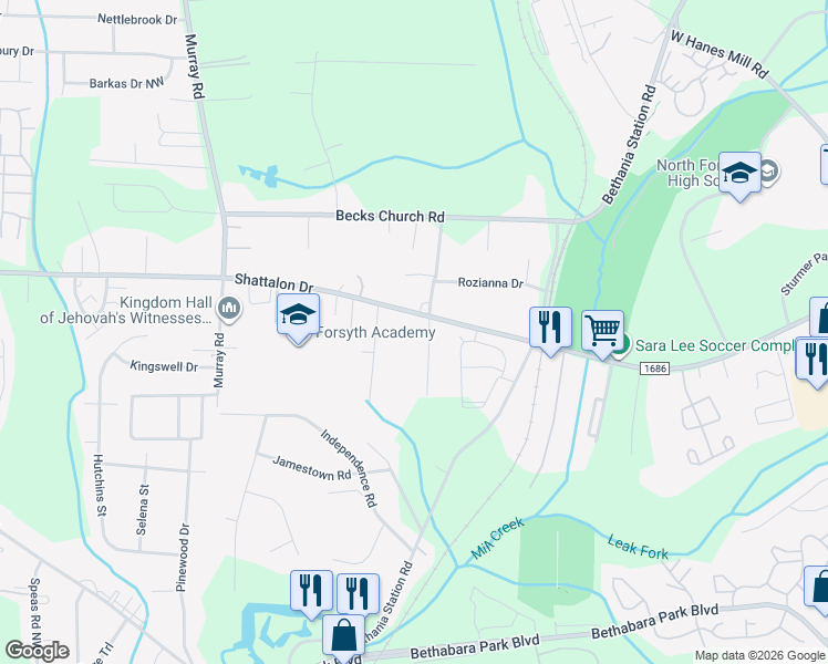 map of restaurants, bars, coffee shops, grocery stores, and more near 4150 James Street in Winston-Salem