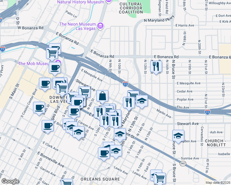 map of restaurants, bars, coffee shops, grocery stores, and more near 317 North 10th Street in Las Vegas