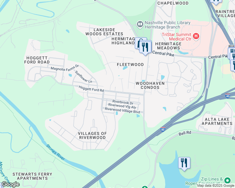 map of restaurants, bars, coffee shops, grocery stores, and more near 3902 Hoggett Ford Road in Nashville
