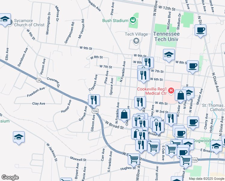map of restaurants, bars, coffee shops, grocery stores, and more near 427 Spruce Avenue in Cookeville