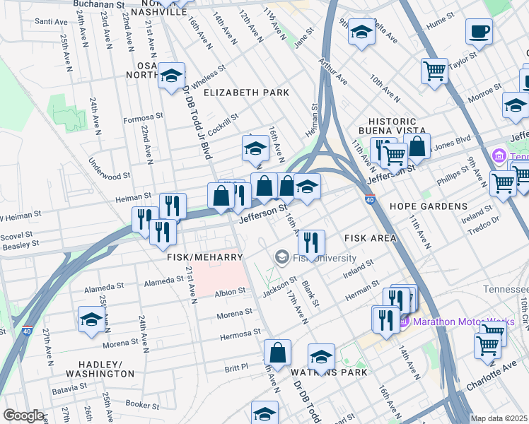 map of restaurants, bars, coffee shops, grocery stores, and more near 1701 Jefferson Street in Nashville