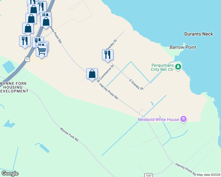 map of restaurants, bars, coffee shops, grocery stores, and more near 1115-1199 Harvey Point Road in Hertford