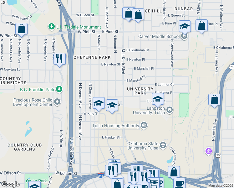 map of restaurants, bars, coffee shops, grocery stores, and more near 1133 North Boston Place in Tulsa