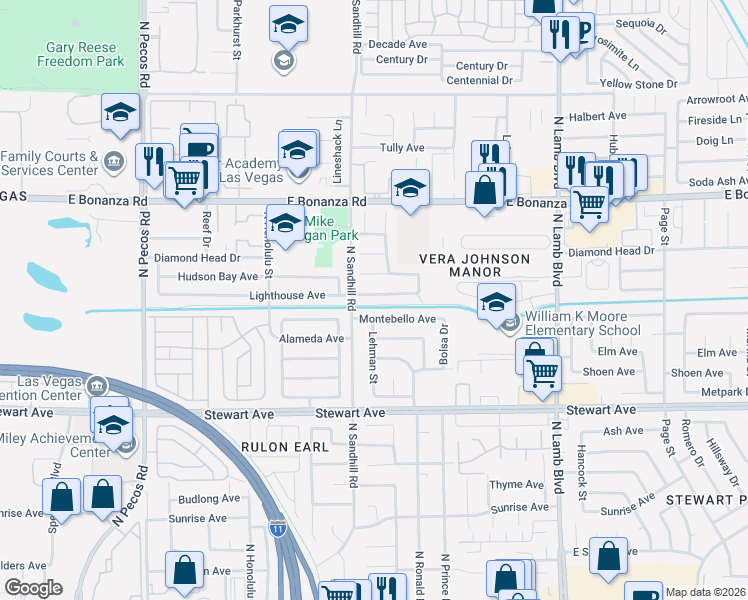 map of restaurants, bars, coffee shops, grocery stores, and more near 4001 Montebello Avenue in Las Vegas