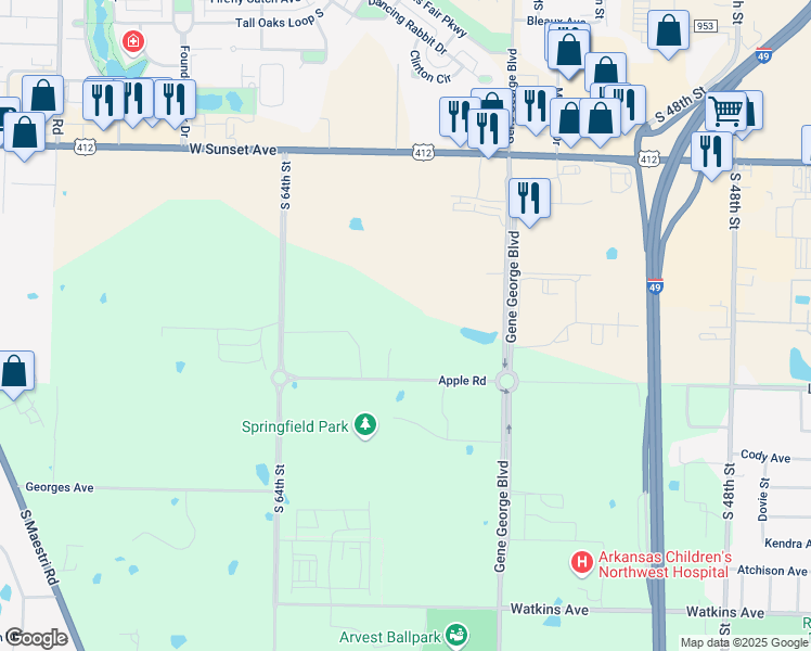 map of restaurants, bars, coffee shops, grocery stores, and more near 5960 Apple Road in Springdale