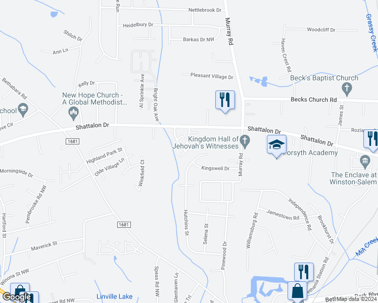 map of restaurants, bars, coffee shops, grocery stores, and more near 250 Vista Circle in Winston-Salem