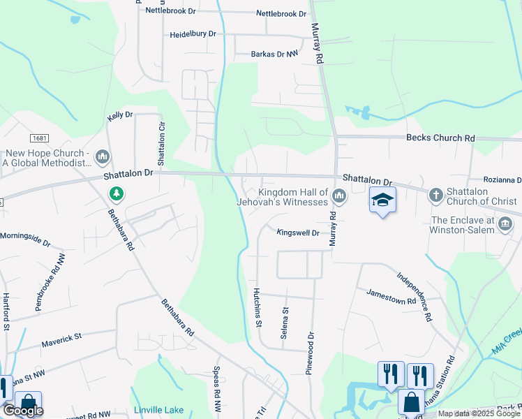 map of restaurants, bars, coffee shops, grocery stores, and more near 250 Vista Circle in Winston-Salem