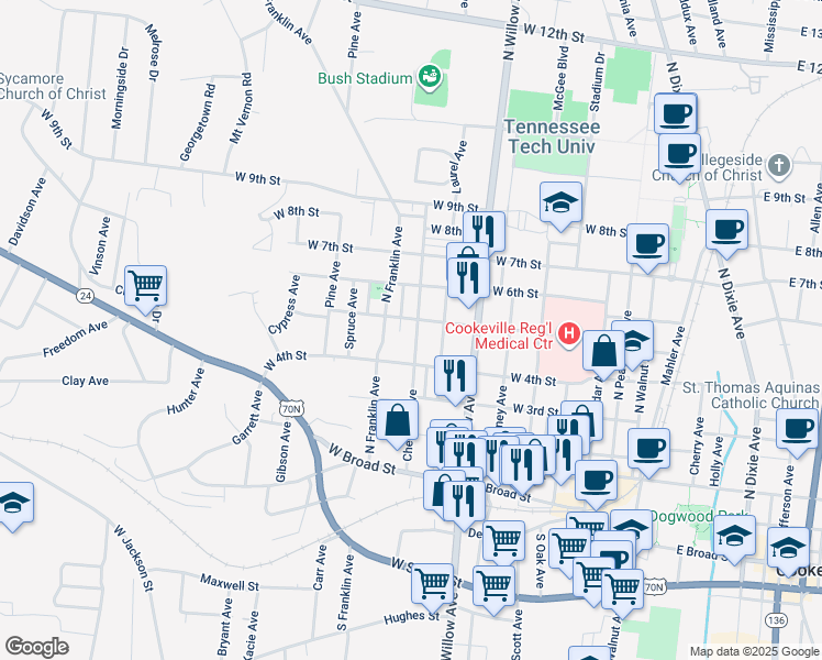 map of restaurants, bars, coffee shops, grocery stores, and more near 436 Chestnut Avenue in Cookeville