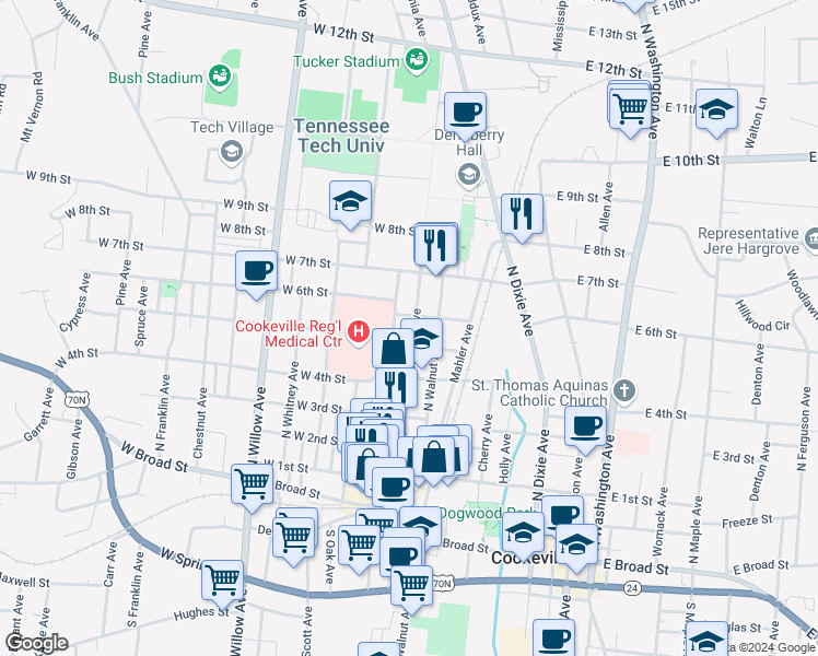 map of restaurants, bars, coffee shops, grocery stores, and more near 520 North Peachtree Avenue in Cookeville
