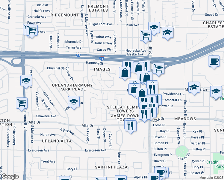 map of restaurants, bars, coffee shops, grocery stores, and more near 7 Meadows Lane in Las Vegas