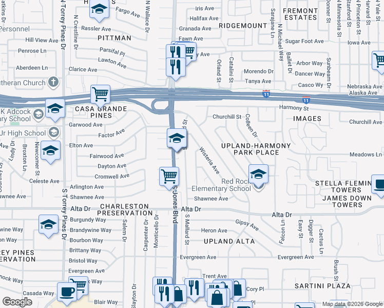 map of restaurants, bars, coffee shops, grocery stores, and more near 316 South Mallard Street in Las Vegas