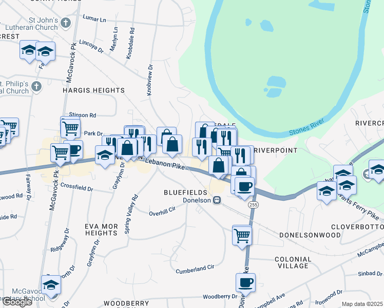 map of restaurants, bars, coffee shops, grocery stores, and more near 2711 Old Lebanon Road in Nashville