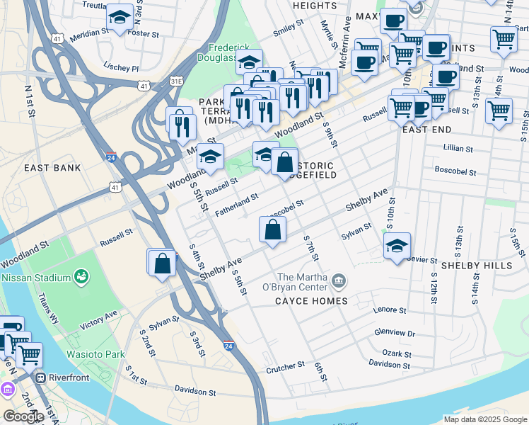 map of restaurants, bars, coffee shops, grocery stores, and more near 610 Boscobel Street in Nashville