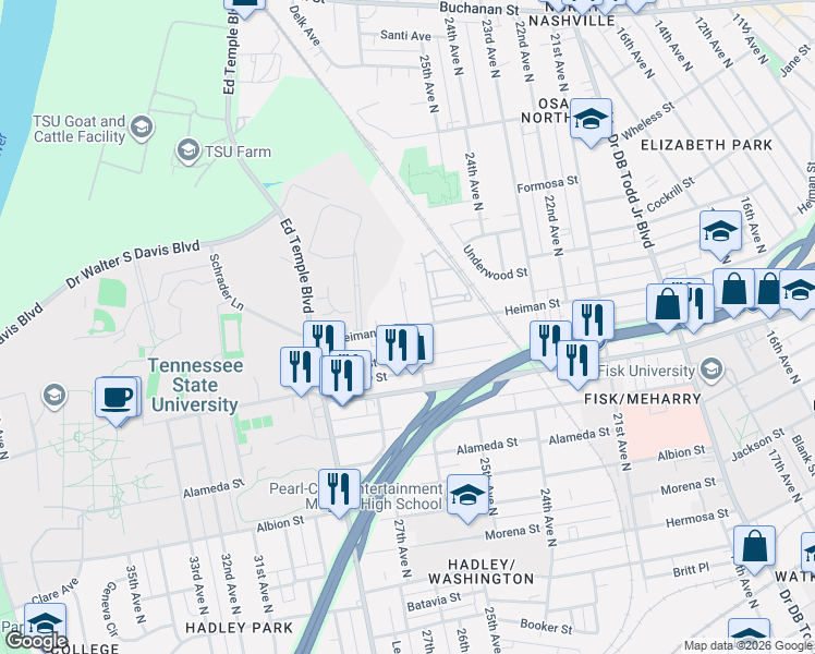 map of restaurants, bars, coffee shops, grocery stores, and more near 2520 Scovel Street in Nashville