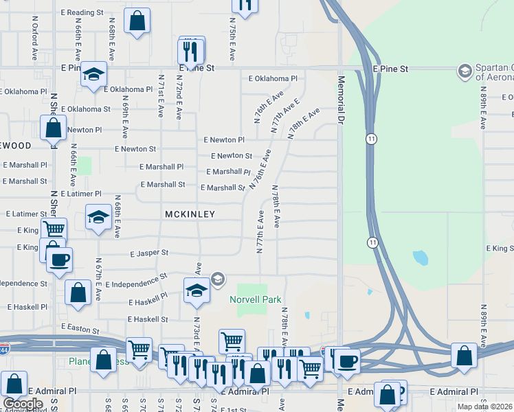 map of restaurants, bars, coffee shops, grocery stores, and more near 1028 North 77th East Avenue in Tulsa