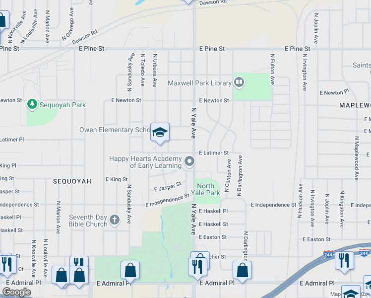 map of restaurants, bars, coffee shops, grocery stores, and more near 1017 North Winston Avenue in Tulsa