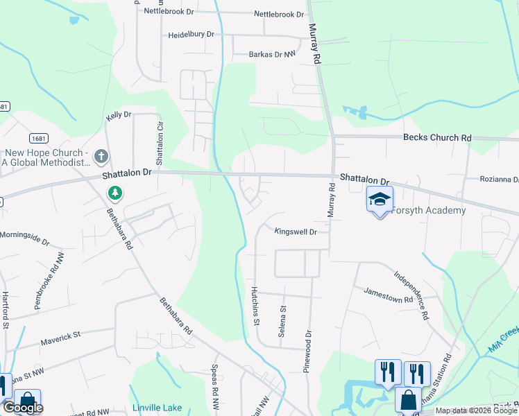 map of restaurants, bars, coffee shops, grocery stores, and more near 250 Vista Circle in Winston-Salem