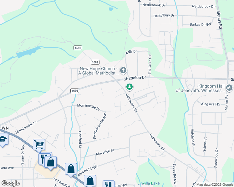 map of restaurants, bars, coffee shops, grocery stores, and more near 2624 Bethabara Road in Winston-Salem