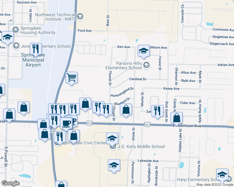 map of restaurants, bars, coffee shops, grocery stores, and more near 2010 Bluebird Drive in Springdale