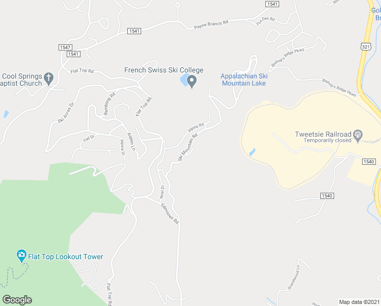 map of restaurants, bars, coffee shops, grocery stores, and more near Deer Ridge Lane in Blowing Rock
