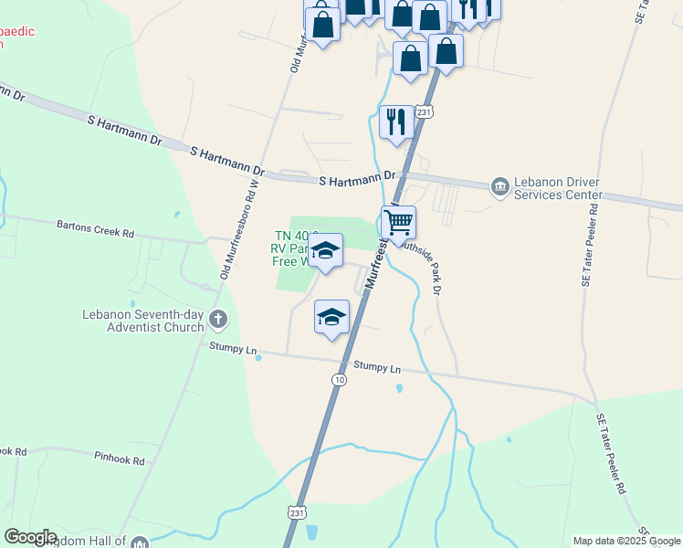 map of restaurants, bars, coffee shops, grocery stores, and more near 1224 Murfreesboro Road in Lebanon
