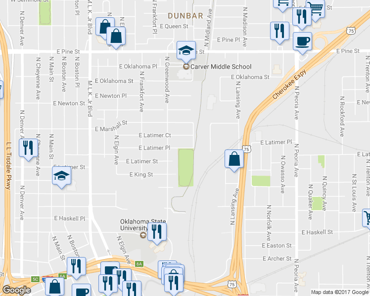 map of restaurants, bars, coffee shops, grocery stores, and more near 668 East Latimer Place in Tulsa