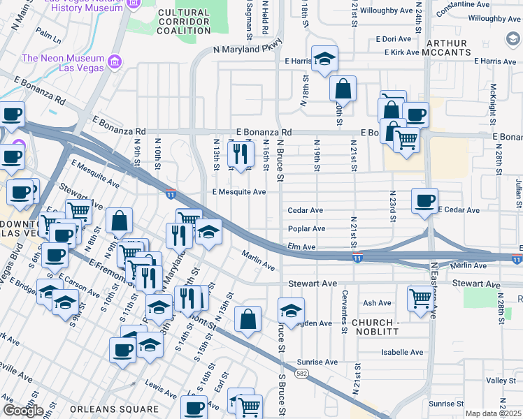 map of restaurants, bars, coffee shops, grocery stores, and more near 383 North 16th Street in Las Vegas