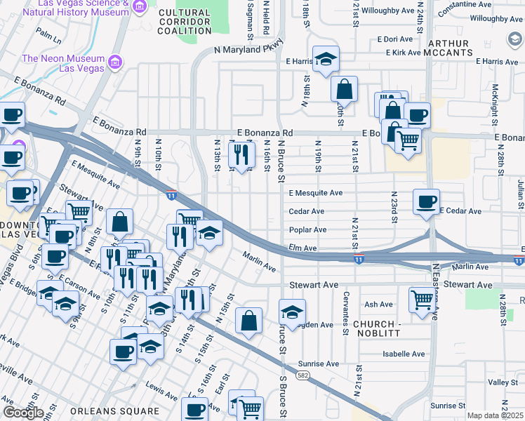 map of restaurants, bars, coffee shops, grocery stores, and more near 383 North 16th Street in Las Vegas