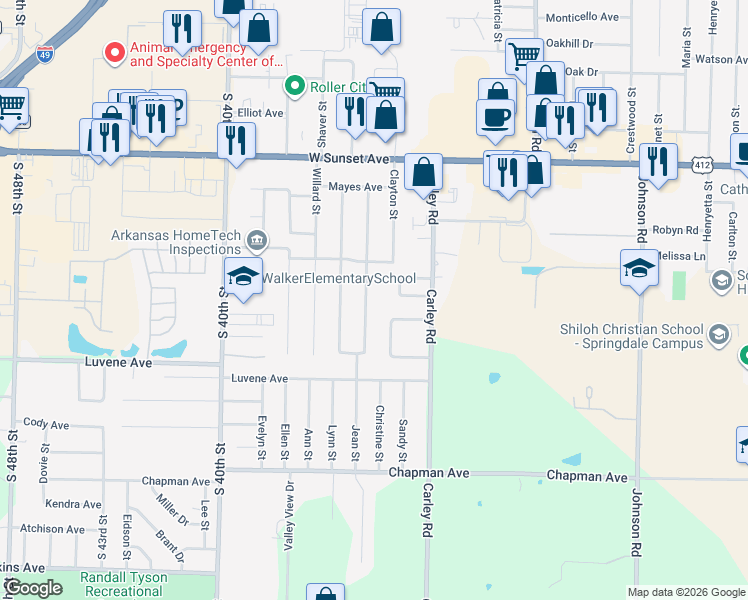 map of restaurants, bars, coffee shops, grocery stores, and more near 1805 Jean Street in Springdale