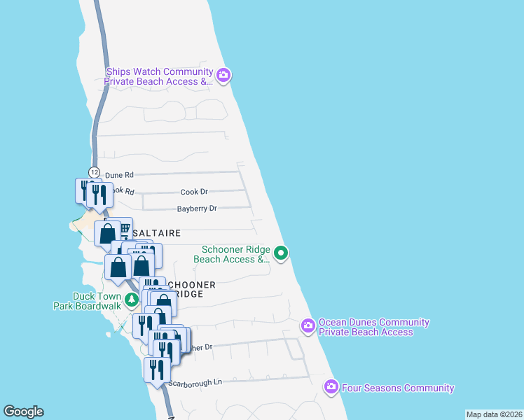 map of restaurants, bars, coffee shops, grocery stores, and more near 149 Marlin Court in Kitty Hawk