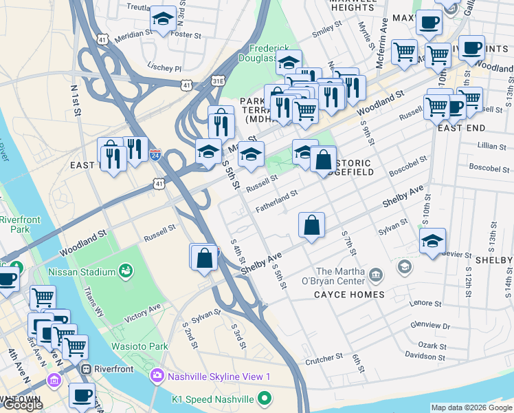 map of restaurants, bars, coffee shops, grocery stores, and more near 209 South 5th Street in Nashville