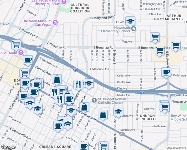 map of restaurants, bars, coffee shops, grocery stores, and more near 362 North 13th Street in Las Vegas