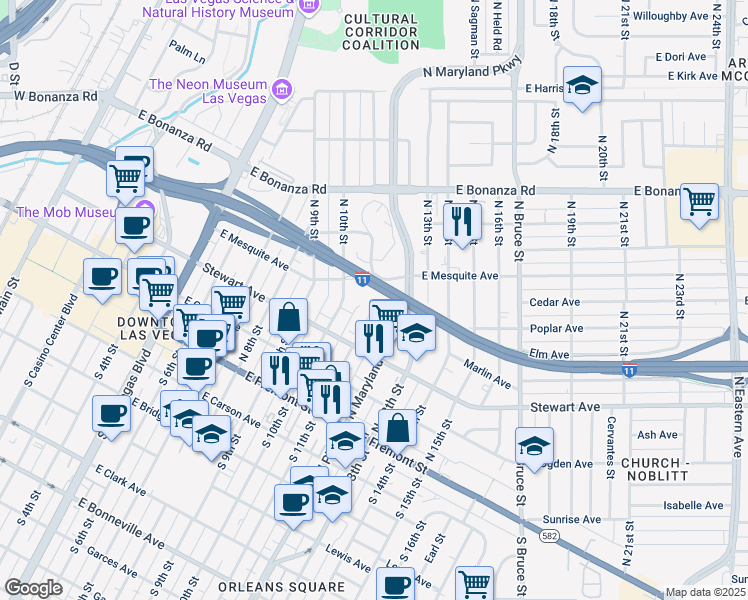 map of restaurants, bars, coffee shops, grocery stores, and more near 328 North 11th Street in Las Vegas