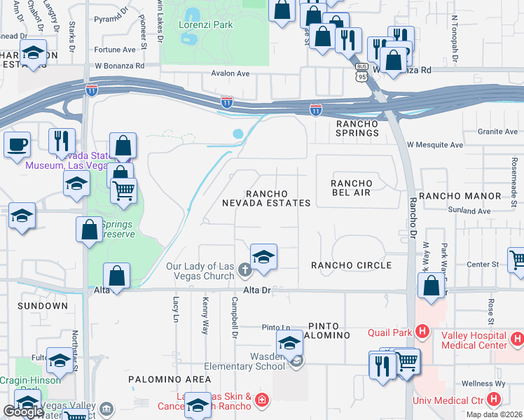 map of restaurants, bars, coffee shops, grocery stores, and more near 3008 Campbell Circle in Las Vegas