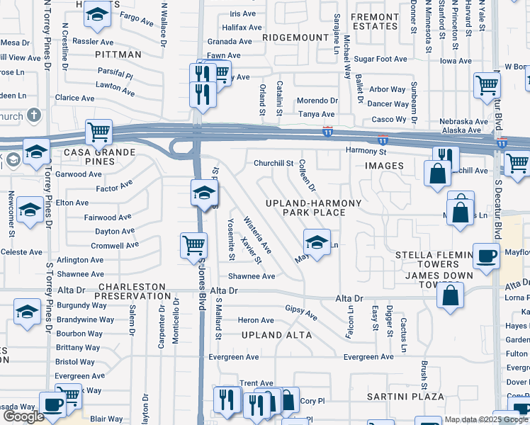 map of restaurants, bars, coffee shops, grocery stores, and more near 344 Upland Boulevard in Las Vegas