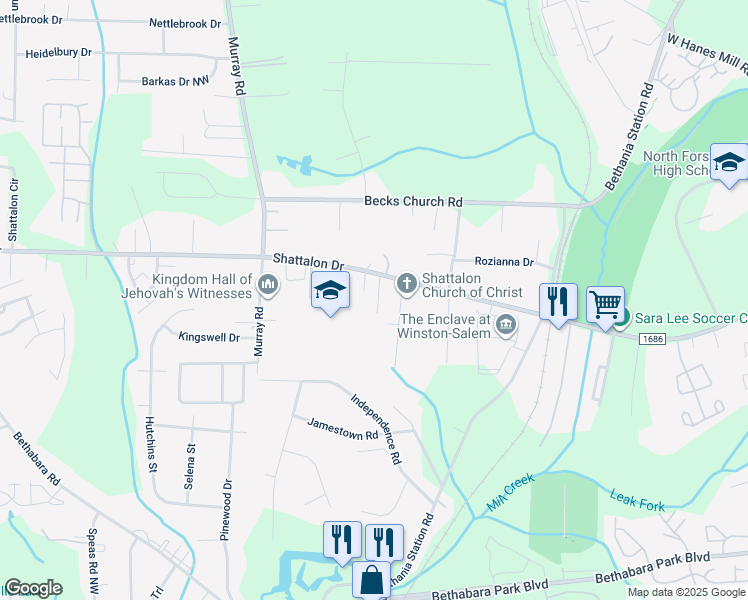 map of restaurants, bars, coffee shops, grocery stores, and more near Shattalon Garden Drive in Winston-Salem
