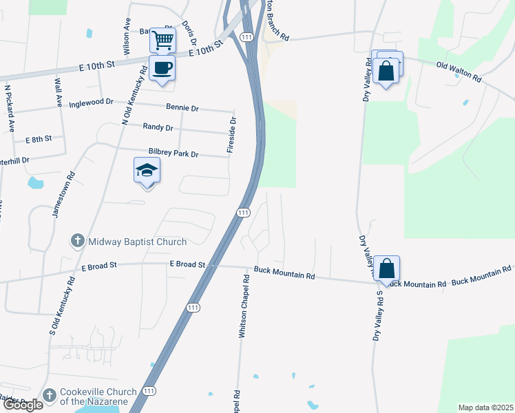 map of restaurants, bars, coffee shops, grocery stores, and more near 91 A Westgate Circle in Cookeville
