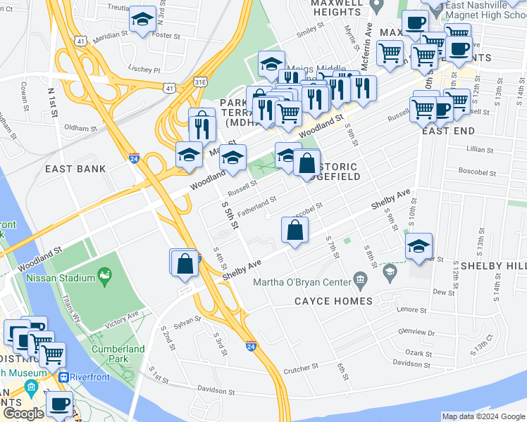 map of restaurants, bars, coffee shops, grocery stores, and more near 306 South 6th Street in Nashville