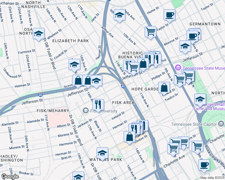 map of restaurants, bars, coffee shops, grocery stores, and more near 1213 Phillips Street in Nashville