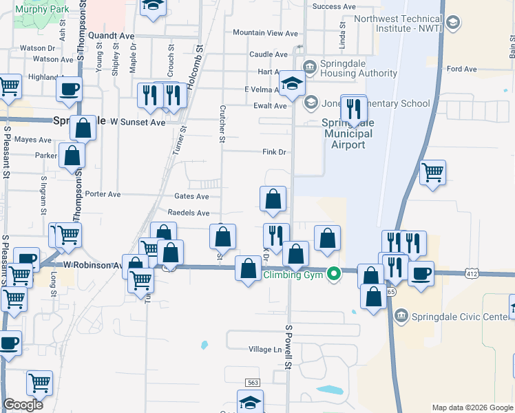 map of restaurants, bars, coffee shops, grocery stores, and more near 1315 Crutcher Street in Springdale